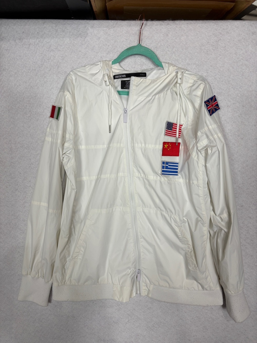Unknown by Entree LS White Hooded Flag Patch Windbreaker Jacket